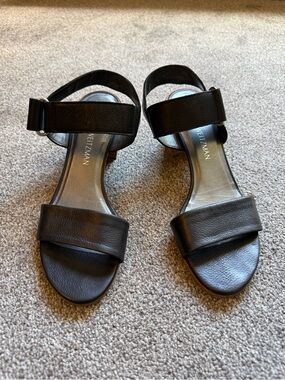 Stuart Weitzman Black Leather Two-Strap Open-Toe Sandals